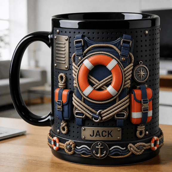 Coast Guard Style Custom Mug, Rescue Rope Life Ring Accent Mug, Father’s Day Gift for Dad