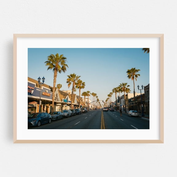 Coast Highway, Oceanside - Oceanside California Photography Street Photography Palm Tree Cityscape Coastal Travel Poster Vintage Architecture Oak Framed Wall Art Print 16 x 24 inches