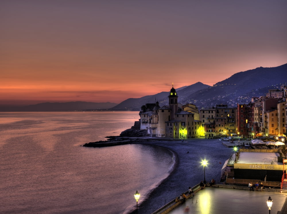Coast Line With Santa Maria Assunta Basillica Looking West Towards Genova Camogli Italy Canvas Art - Richard Desmarais Design Pics (32 x 24)