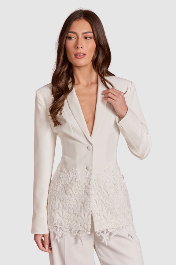 Longline Floral Embroidered Blazer - White, 14