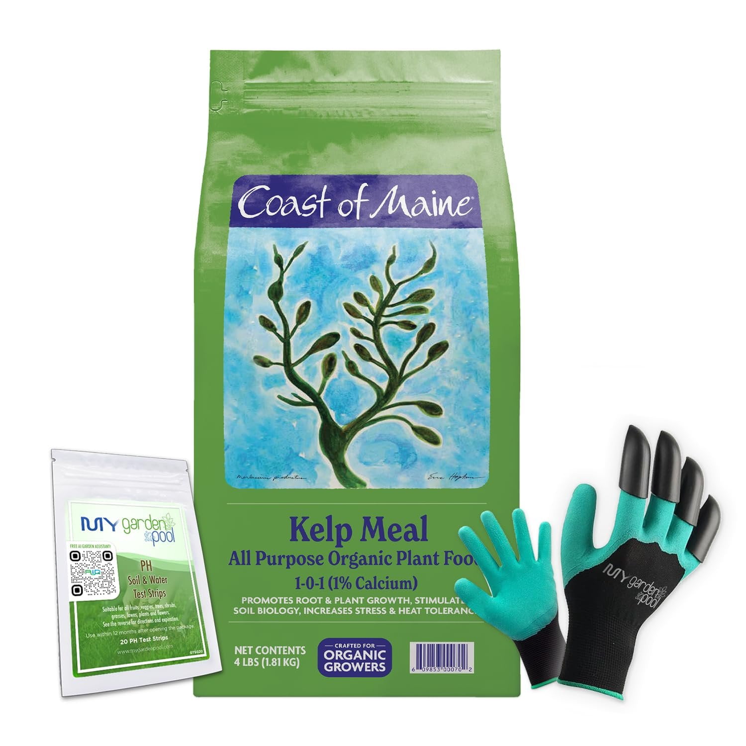 Coast of Maine KM6000 Kelp Meal Plant Food 4 LB  Organic Seaweed Fertilizer for Vibrant Growth with My Garden Pool Soil Test Strips & Claw Gardening Gloves