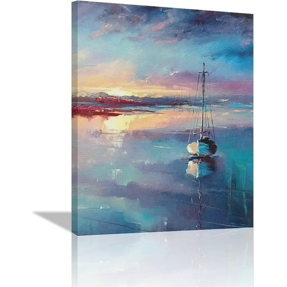 Coast Nautical Bathroom Decor Wall Art Sunset Boat Pictures Blue Ocean Scenery Wall Decor Sailer Shipping Wall Art Framed Artwork for Bathroom Living Room Bedroom 12"x16"
