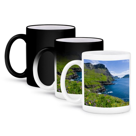 3drose, Coast Near Gasadalur. Island Vagar, Faroe Islands. Denmark, 11oz Magic Transforming Mug