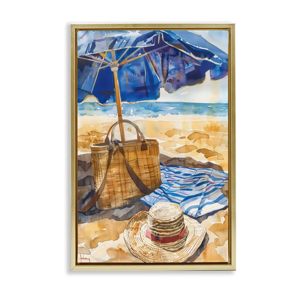 Stupell Industries Coast Of Watercolor Beach Gold Framed Floater Canvas Wall Art, design by LSR Design Studio, 25 x 17
