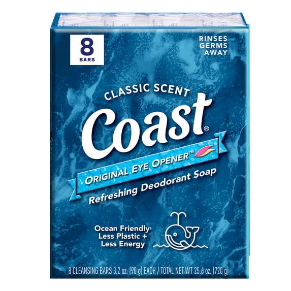 Coast Refreshing Deodorant Bar Soap, for All Skin Types, Classic Scent, 3.2 oz, 8 Bars