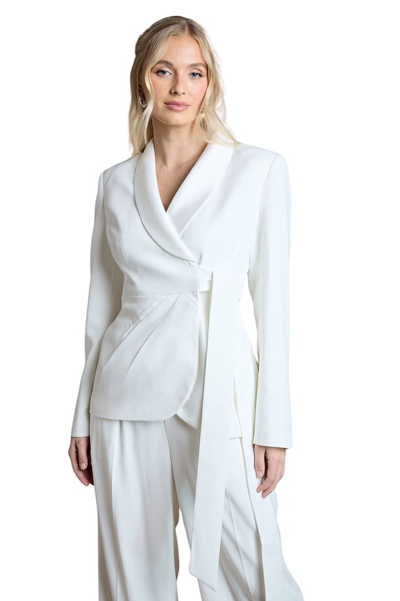 Satin Collared Neck Bridal Blazer - White, 4