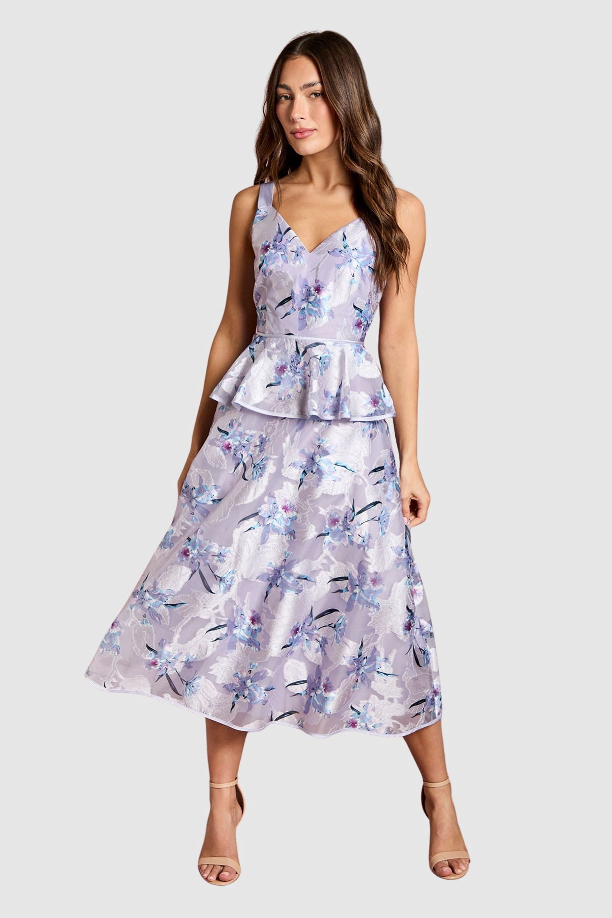 satin jacquard midi dress Warehouse Women's Rose Satin Jacquard Puff Sleeve Tie Back Midi Dress in Blue