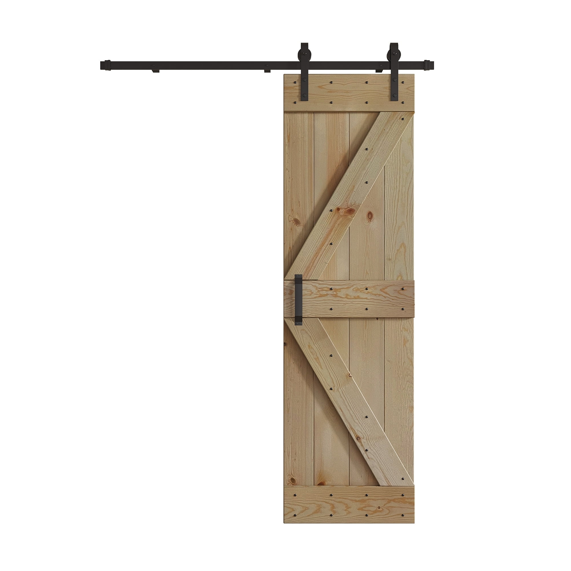 Unfinished Pine Wood Sliding Barn Door with Black Hardware Kit