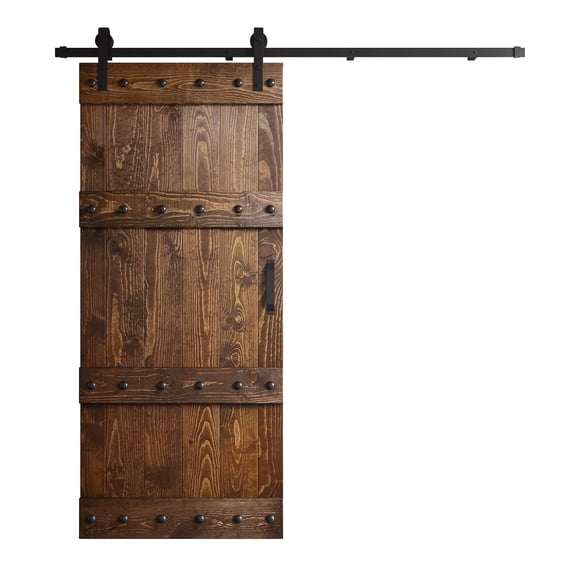 Coast Sequoia 36 in x 84 in Castle Style Finished Knotty Pine Wood Sliding Barn Door With Hardware Kit (Dark Walnut)