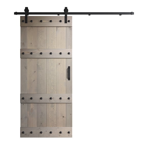 Coast Sequoia 36 in x 84 in Castle Style Finished Knotty Pine Wood Sliding Barn Door With Hardware Kit (Light Grey)