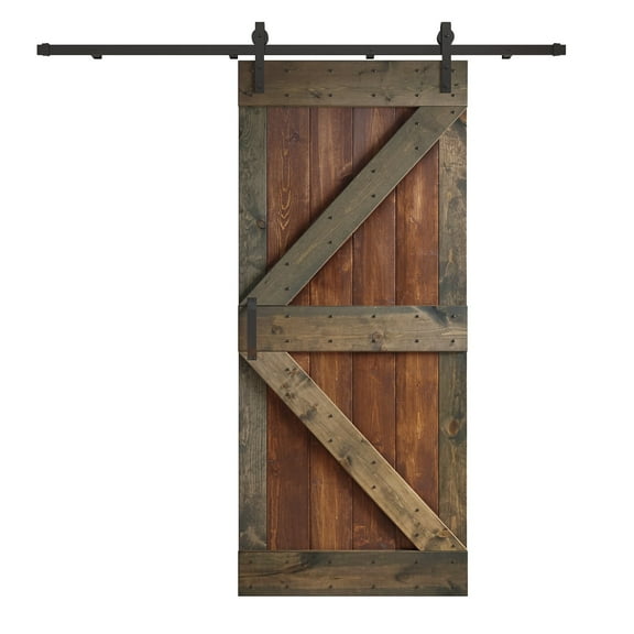 Coast Sequoia 36 in x 84 in K Style Finished Muti-Color Knotty Pine Wood Sliding Barn Door With Hardware Kit (Dark Walnut/Aged Barrel)