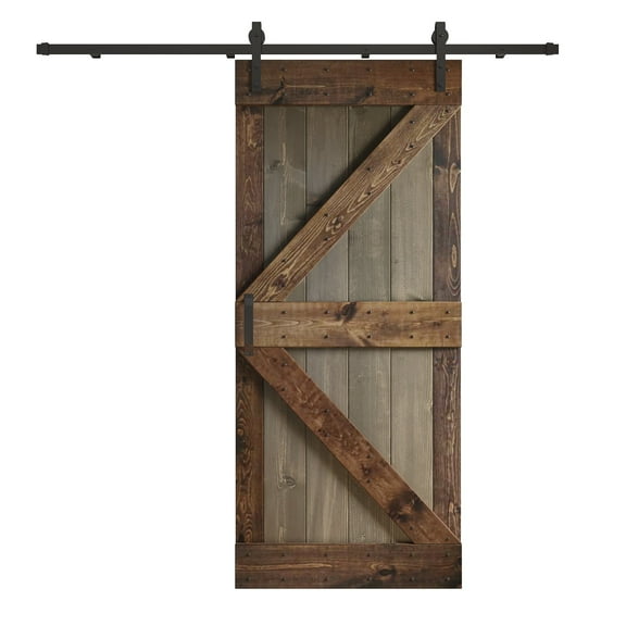 Coast Sequoia 36 in x 84 in K Style Finished Muti-Color Knotty Pine Wood Sliding Barn Door With Hardware Kit (Smoky Gray/Kona Coffee)