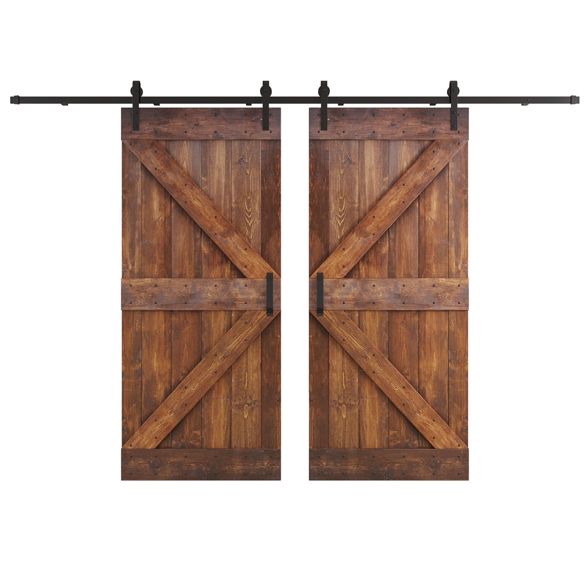 Dark Walnut Pine Wood Double Sliding Barn Door with Hardware Kit, 76" x 84"