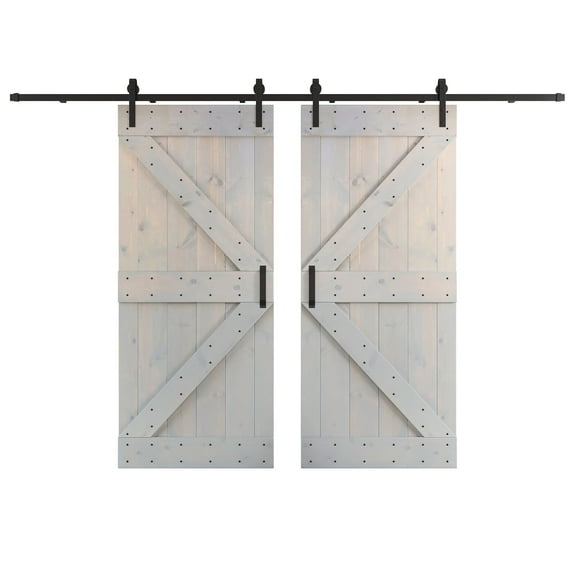 Coast Sequoia 76 in x 84 in K Series DIY Knotty Wood Double Sliding Barn Door With Hardware Kit (Light Grey)