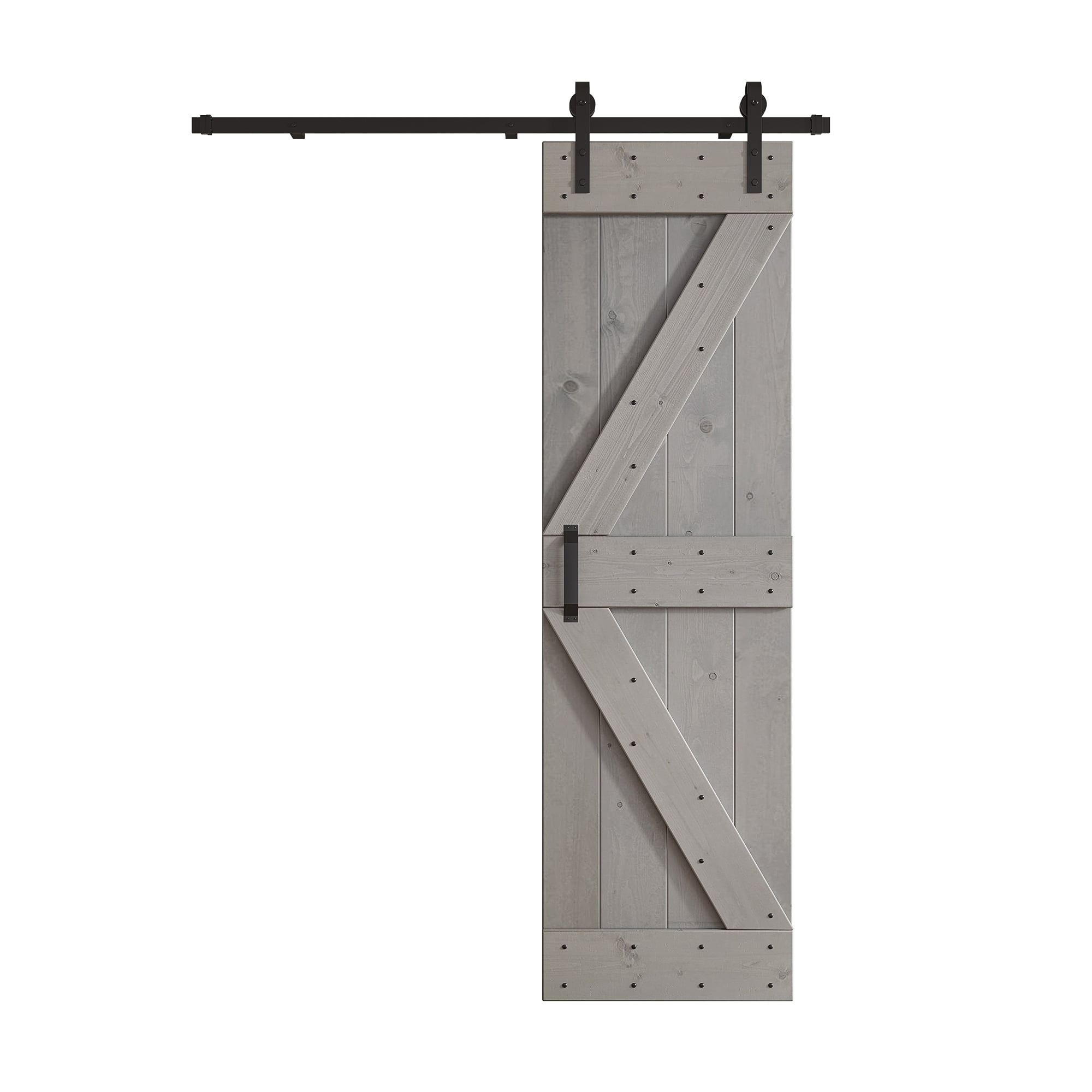 Light Grey Pine Wood Sliding Barn Door with Black Hardware Kit