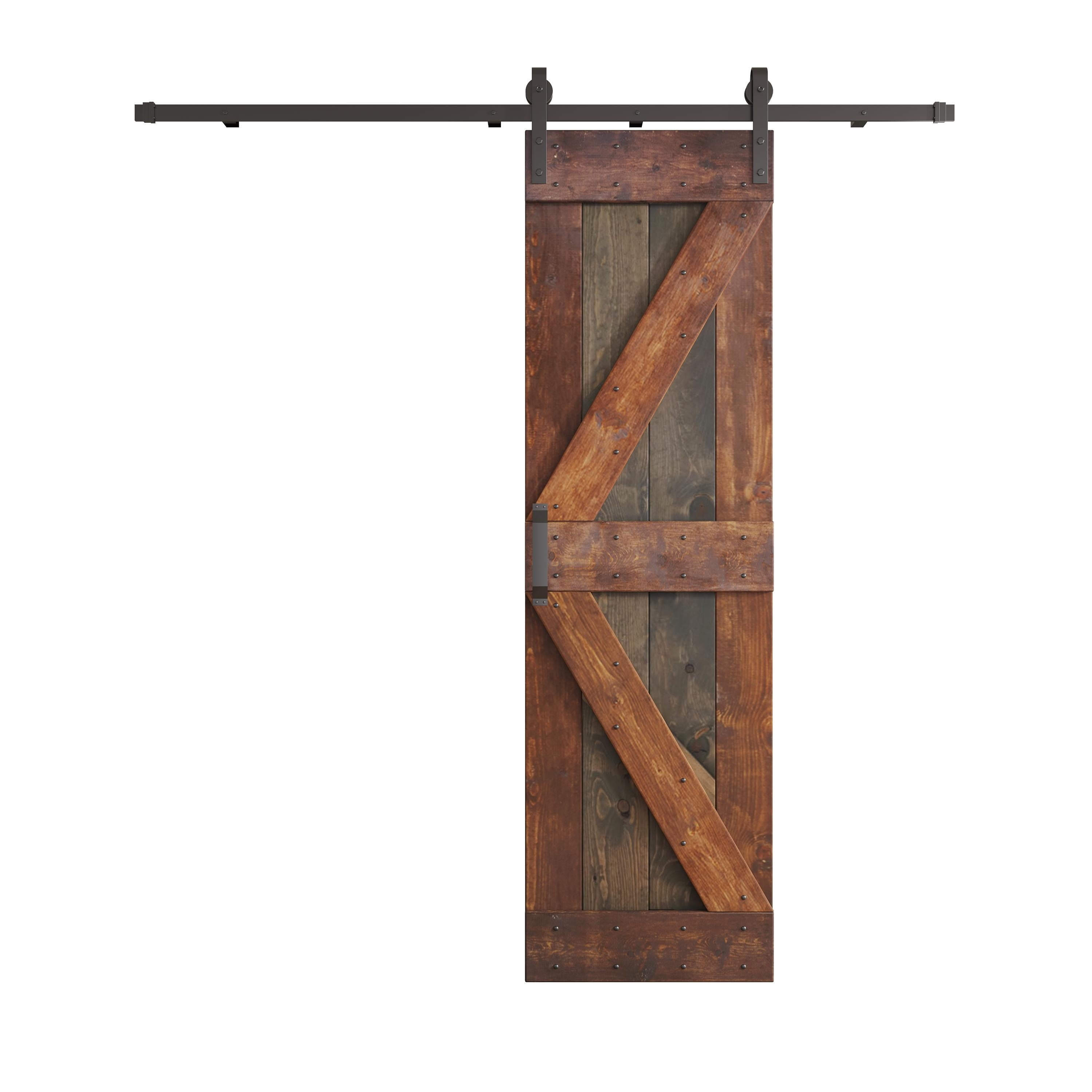 30" x 84" Aged Barrel and Dark Walnut Pine Wood Sliding Barn Door with Steel Hardware Kit