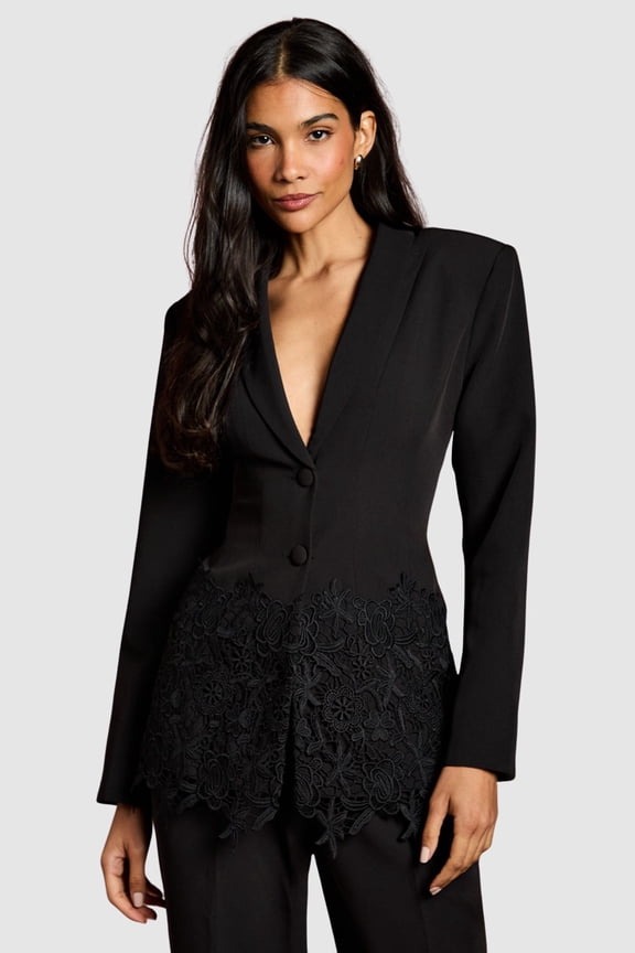 Single Breasted Embroidered Lace Blazer - Black, 8