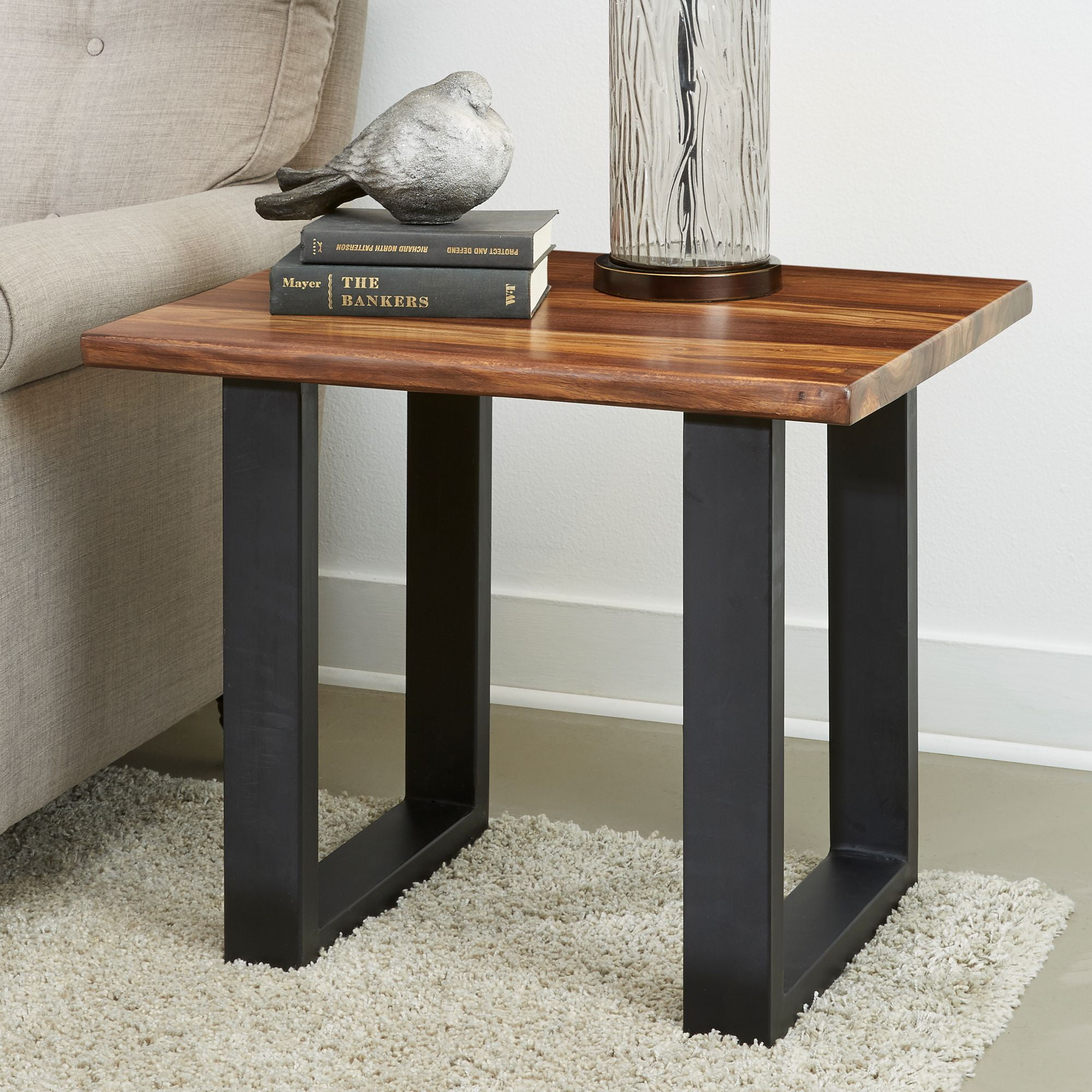 Transitional Nut Brown Sheesham Wood and Black Metal End Table