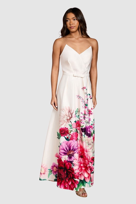 Wired Bandeau Border Print Maxi Dress - White, 10