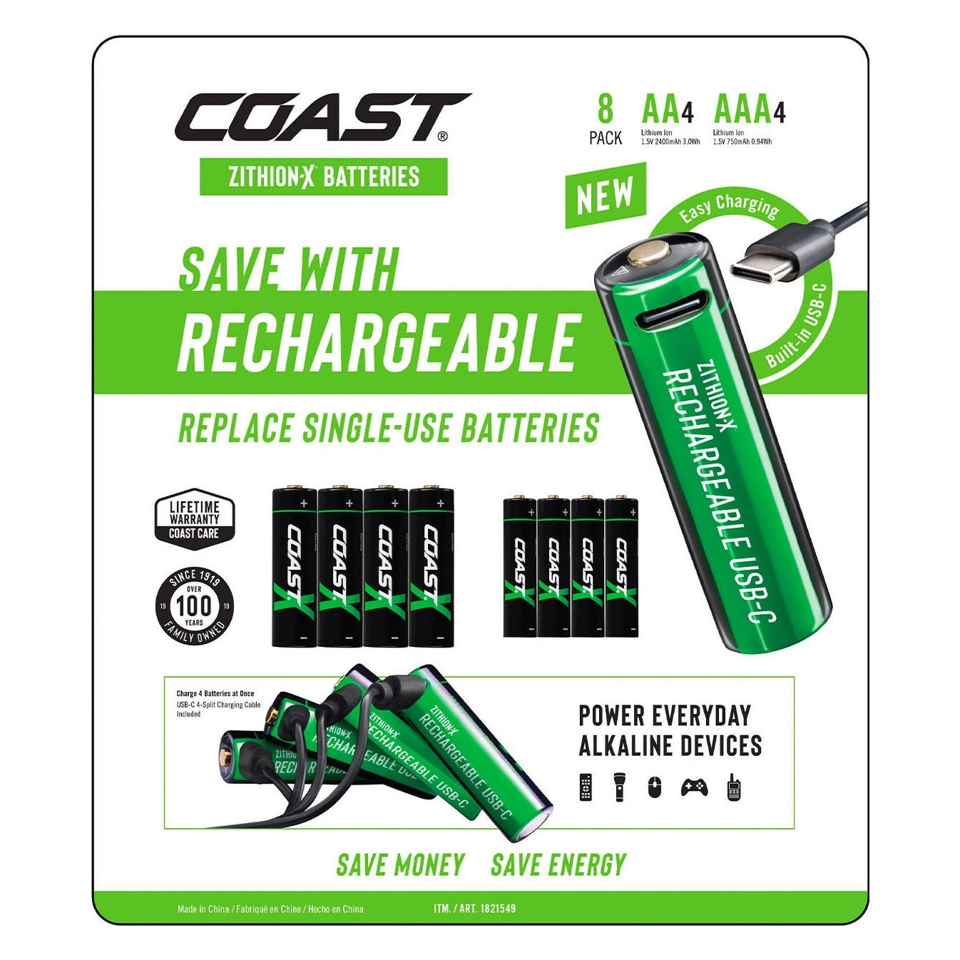 Coast Zithion-X AA/AAA USB-C Rechargeable Lithium Batteries 8 Pack