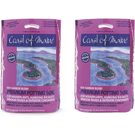 Coast of Maine OMRI Listed Bar Harbor Blend Organic Compost Potting Soil Blend for Container Gardens and Flower Plant Pots, 16 Quart Bag 2 Pack