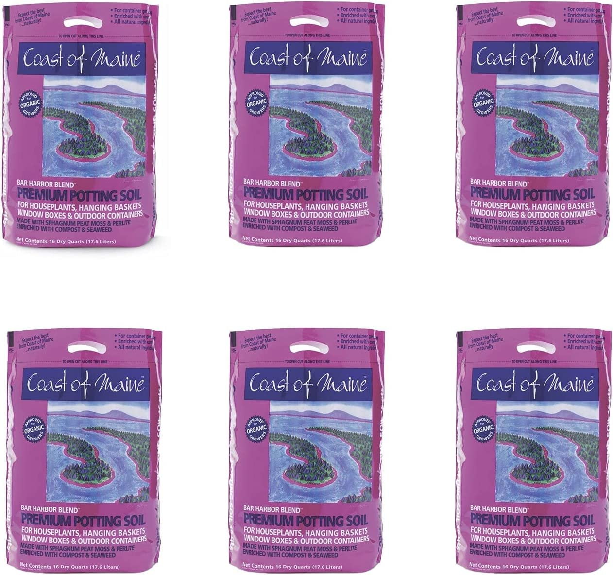 Coast of Maine OMRI Listed Bar Harbor Blend Organic Compost Potting Soil Blend for Container Gardens and Flower Plant Pots, 16 Quart Bag 6 Pack
