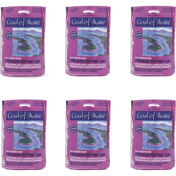 Coast of Maine OMRI Listed Bar Harbor Blend Organic Compost Potting Soil Blend for Container Gardens and Flower Plant Pots, 16 Quart Bag 6 Pack