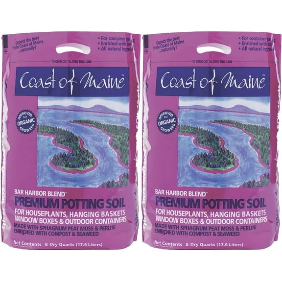 Coast of Maine OMRI Listed Bar Harbor Blend Organic Compost Potting Soil Blend for Container Gardens and Flower Pots, 8 Quart Bag 2 Pack