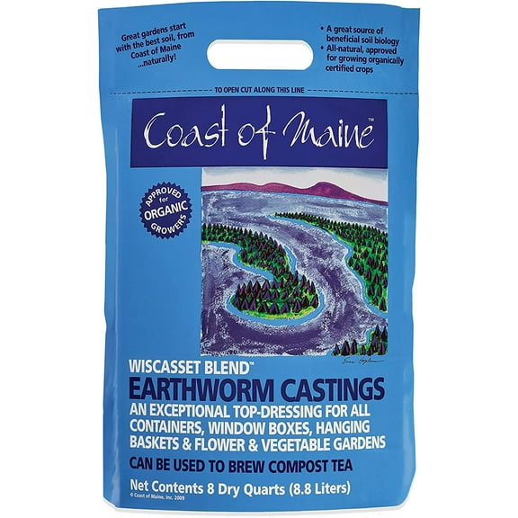 Coast of Maine OMRI Listed Wiscasset Blend Earthworm Castings Compost Plant Potting Soil Blend for Container Gardens and Flower Pots, 8 Quart Bag