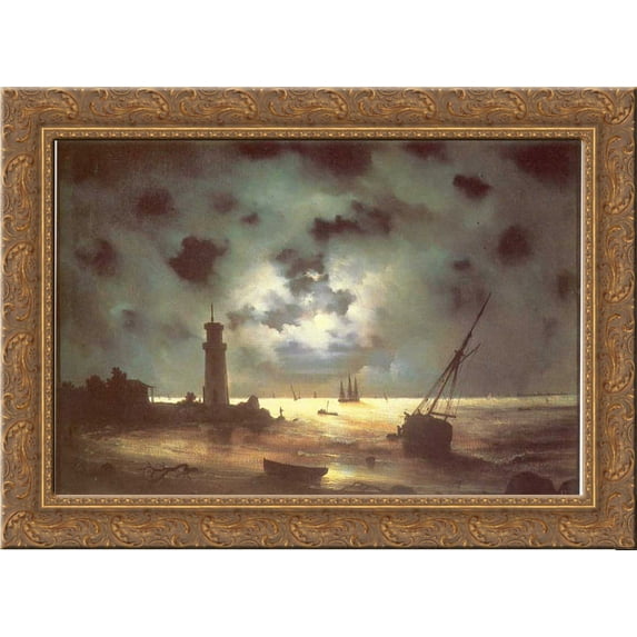 Coast of sea at night 24x20 Gold Ornate Wood Framed Canvas Art by Aivazovsky, Ivan