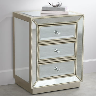 Coast to Coast Accents Modern Antique Silver Mirrored Rectangular Accent Table 20" x 15" with 3-Drawer for Living Room Bedroom