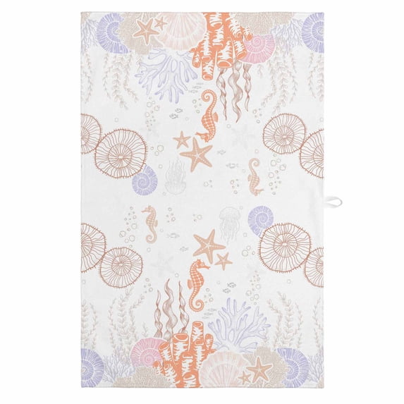 Coastal 1 Pack Kitchen Towel, Water Absorbent Dish Towel, Orange Brown Coral Starfish Jellyfish Seahorse Decorative Hand Towels - Quick Drying Cloth for Cooking Baking, 18x28 Inch
