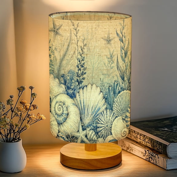 Coastal 16-Color Dimmable Table Lamp, Blue Underwater Nautical Seashells Coral Bedside Lamp Nightstand Light for Bedroom Nursery, Wood Base Fabric Shade Reading Lamps Gifts for Kids