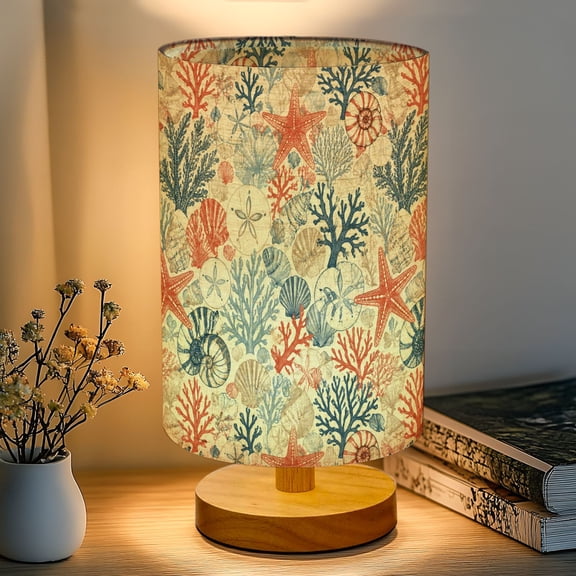 Coastal 16-Color Dimmable Table Lamp, Seashell Starfish Coral Blue Red Tones Bedside Lamp Nightstand Light for Bedroom Nursery, Wood Base Fabric Shade Reading Lamps Gifts for Kids