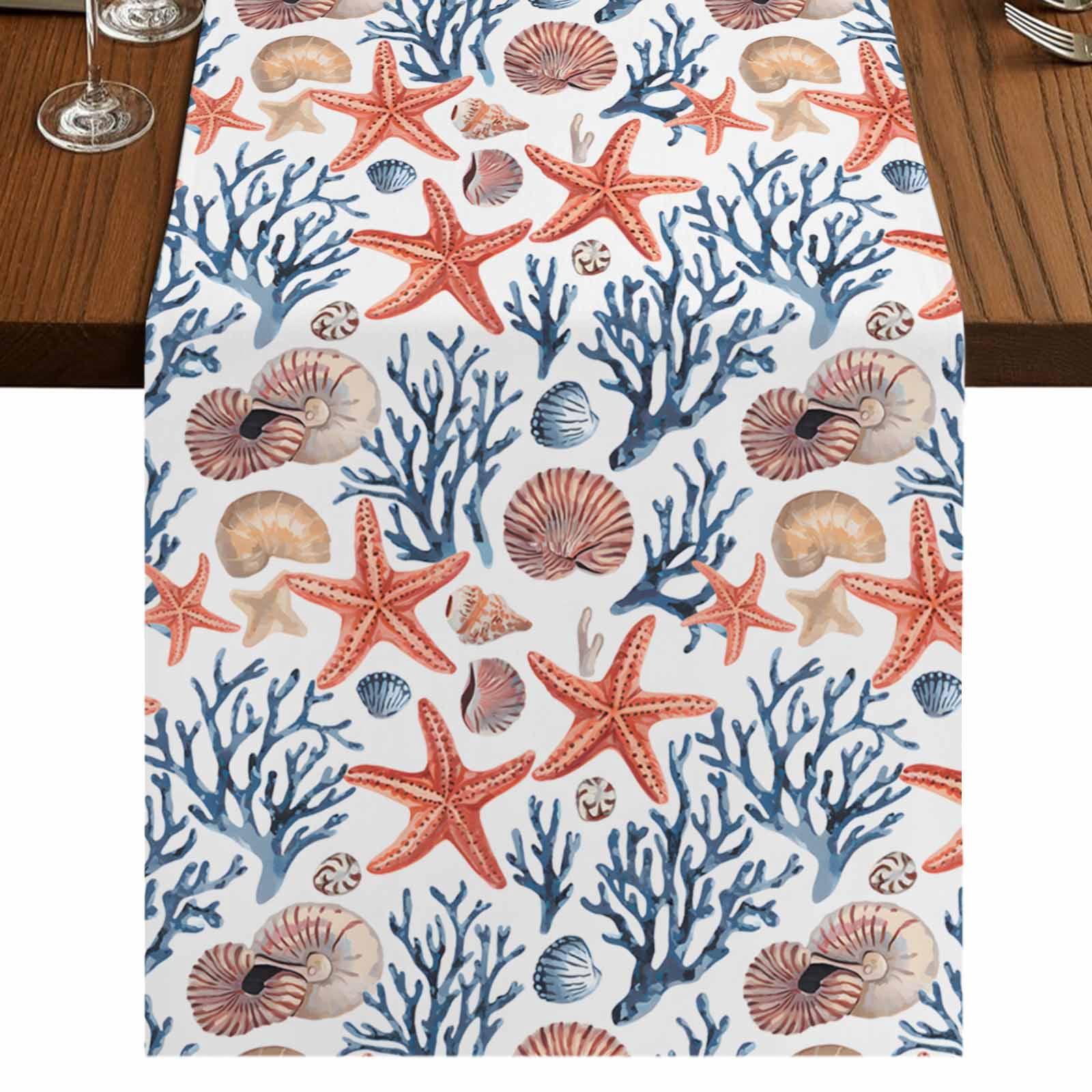 Coastal 48 Inch Table Runner, Summer Beach Starfish Coral Shell Conch ...