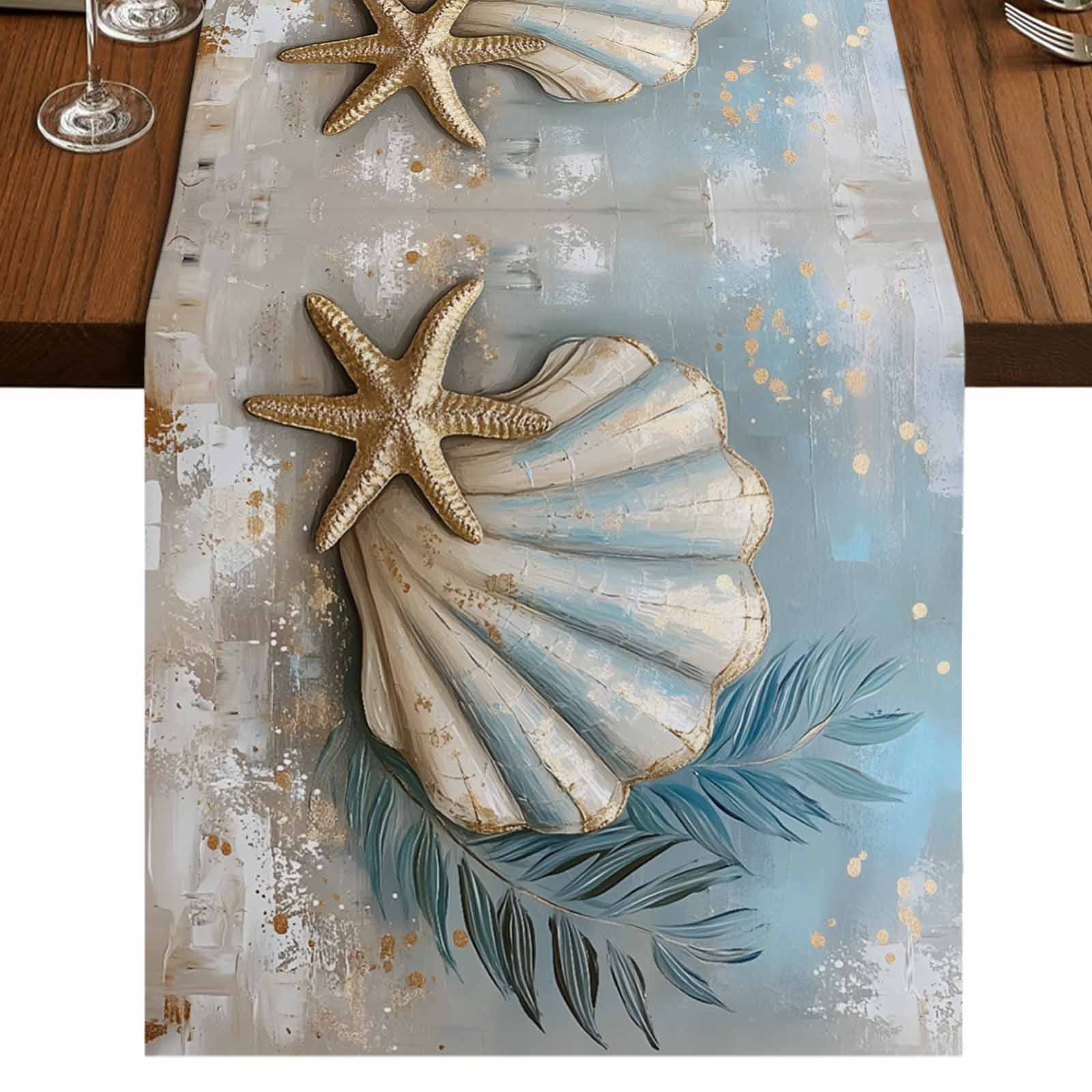 Shell Table Runner Coastal 70 Inch Table Runner, Botanical Starfish Shell Nautical Beach ...