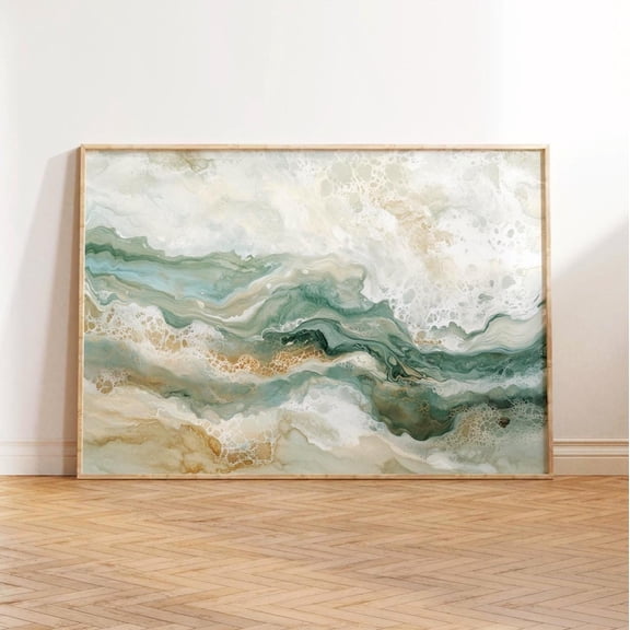 Coastal Abstract Ocean Wall Art Sage Green Horizontal Aerial Waves, Unframed Poster