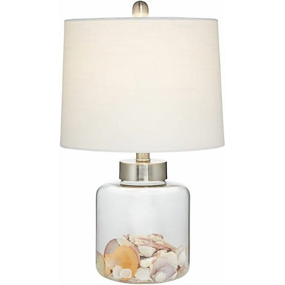 Coastal Accent Table Lamp Fillable 20.5" High Clear Glass Sea Shells Off White Linen Fabric Drum Shade for Living Room Bedroom Beach House Bedside Nightstand Home