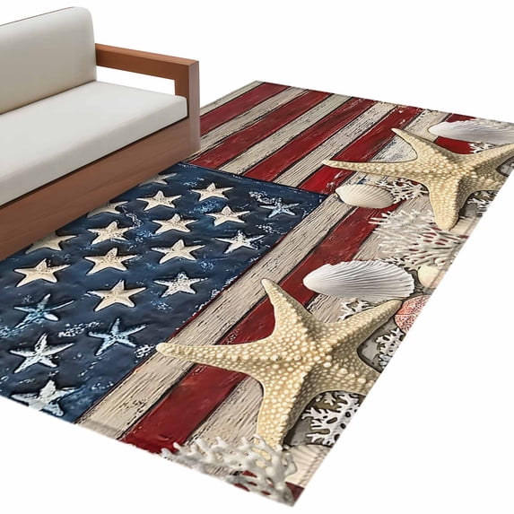 Coastal American Flag Area Rug Washable 3x5 Entryway Rug Non-Slip Indoor Low Pile Starfish Shell Vintage Floor Carpet Small Rugs for Bedroom Office Living Room Kitchen Entrance Nursery