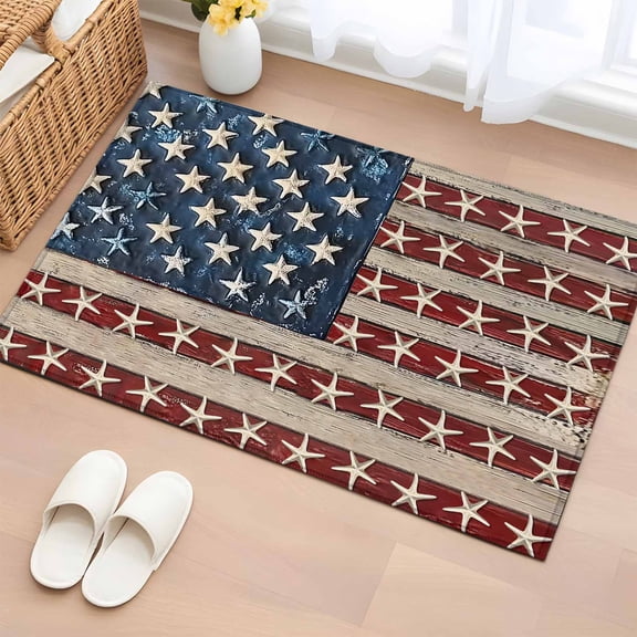 Coastal American Flag Bathroom Mats 2x3 FT, Non Slip Small Kitchen Mat, Starfish Vintage USA Flag Washable Soft Backed Front Door Throw Rugs Non-Shedding Indoor Outdoor Doormat for Entryway Sink