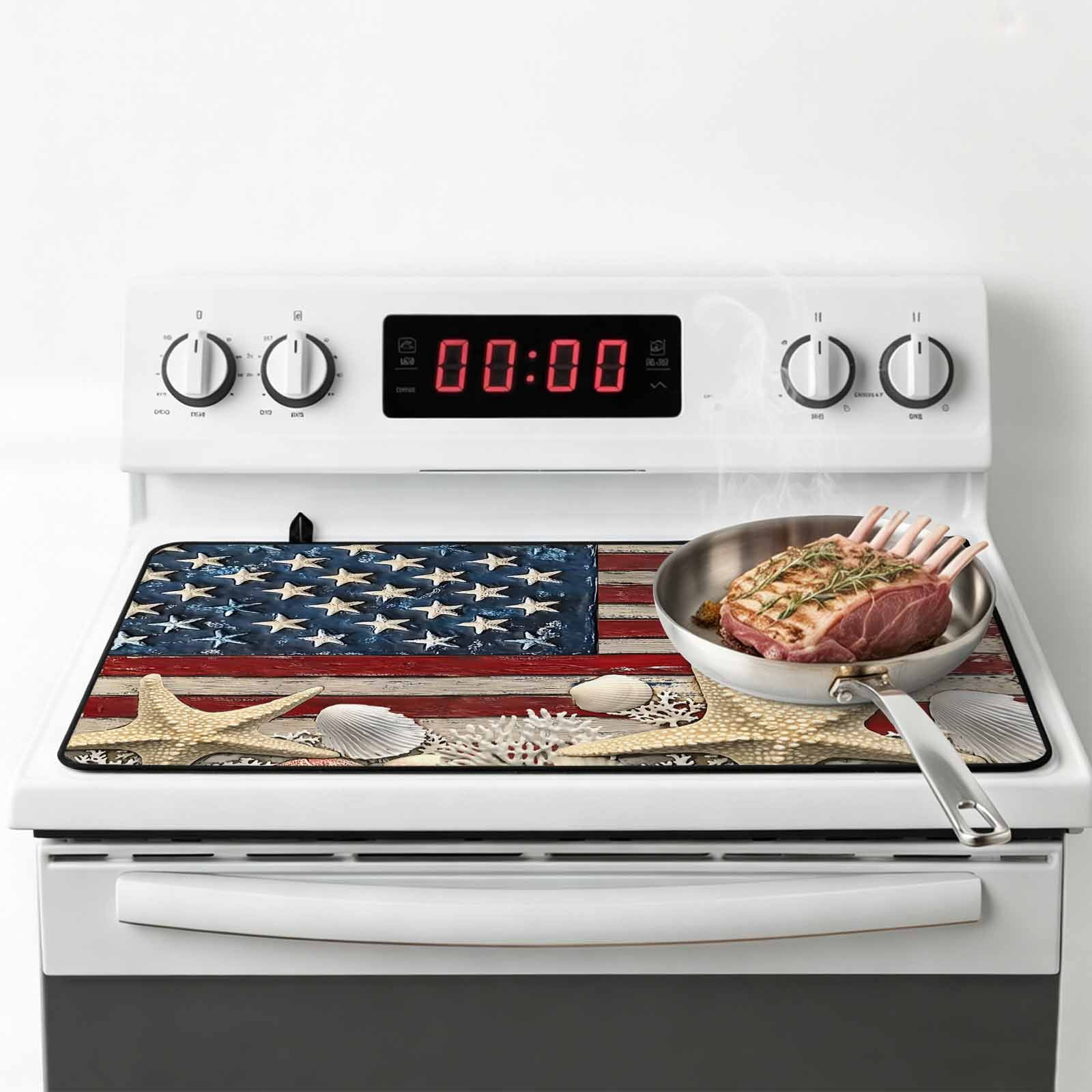 Coastal American Flag Stove Top Cover for Electric Stove, Heat-proof & Non Slip Glass Top Stove Cover Protector, Starfish Shell Vintage Kitchen Flat Cooktop Rubber Mat 24x21 Inches