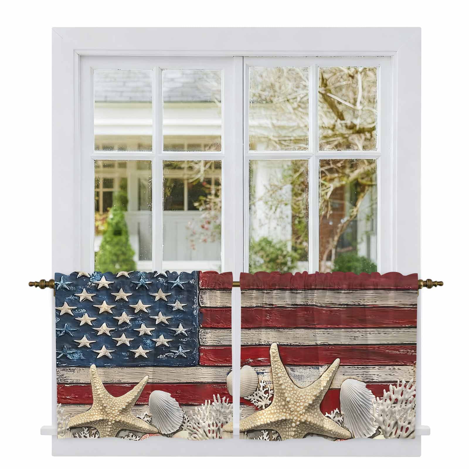 Coastal American Flag Tier Curtains, Starfish Shell Vintage Light ...