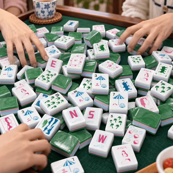 Tree Design Tile Coastal American Mahjong Set, 160 Acrylic Tiles with Green Marbled ...