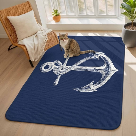 Coastal Anchor Area Rugs for Living Room 5x6, Nautical Knot Navy Blue Washable Area Rug with Non Slip Backing, Stain Resist Linen Carpet for Bedroom, Dining Room, Entryway, Entrance