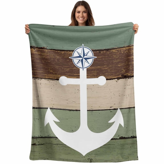Coastal Anchor Blanket Soft Cozy Warm Throw Blanket for Couch, Plush Fuzzy Flannel Fleece Blankets for Sofa, Sage Green Brown Retro Wooden Grain Bed Blankets Lightweight Gifts for Women, 50"x60"