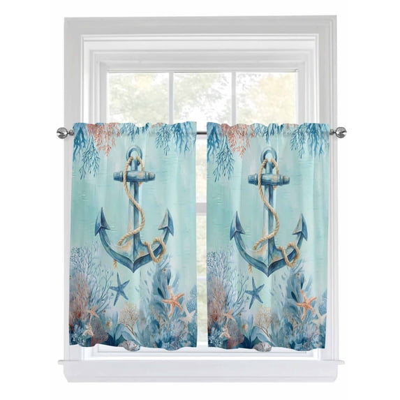 Coastal Anchor Blue 2 Panel Kitchen Curtains for Windows, Summer Beach Nautical Coral Starfish Bathroom Privacy Curtain, Home Décor Window Treatment for Bedroom/Living Room 55"x45"