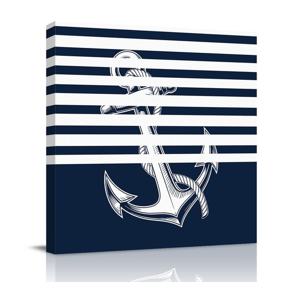 Coastal Anchor Canvas Wall Art for Living Room, Seafaring Navy Blue Nautical Anchorage White Stripes Poster Print Painting for Bedroom Office Home Decoration Wall Pictures Prepare To Hang 8"x8"