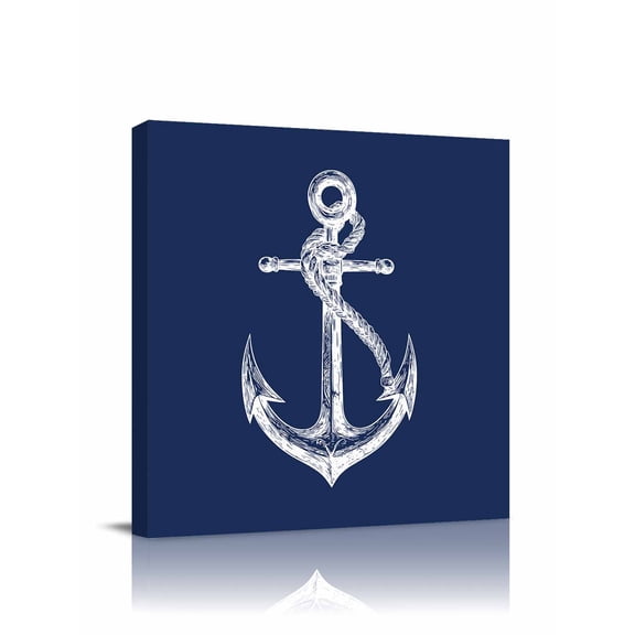 Coastal Anchor Canvas Wall Art, Nautical Knot Navy Blue Framed Wall Decor Modern Artwork Prints Painting for Living Room, Bedroom, Kitchen & Cafe Decor 16x16 Inch