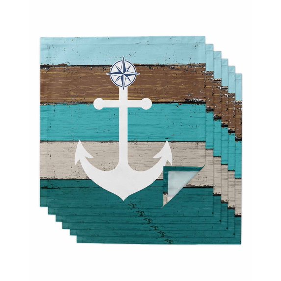 Coastal Anchor Cloth Napkins Set of 6 Reusable Dinner Napkins, Turquoise Brown Ombre Rustic Wooden Grain Cocktail Napkin Washable Table Napkins for Wedding/Holiday Party/Baby Shower 20"x20"