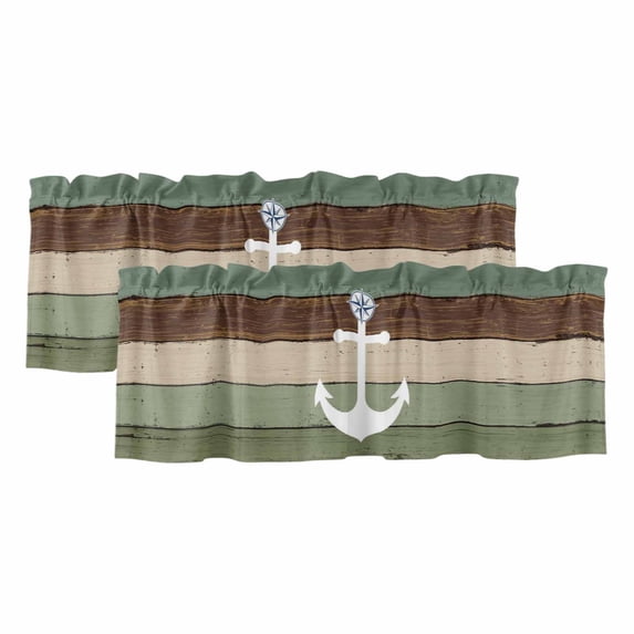 Coastal Anchor Curtain Valances for Windows, Kitchen Valance Window Treatments Panel 2 Pack, Sage Green Brown Retro Wooden Grain Rod Pocket Short Curtains for Bathroom Bedroom 42 x 12 Inch